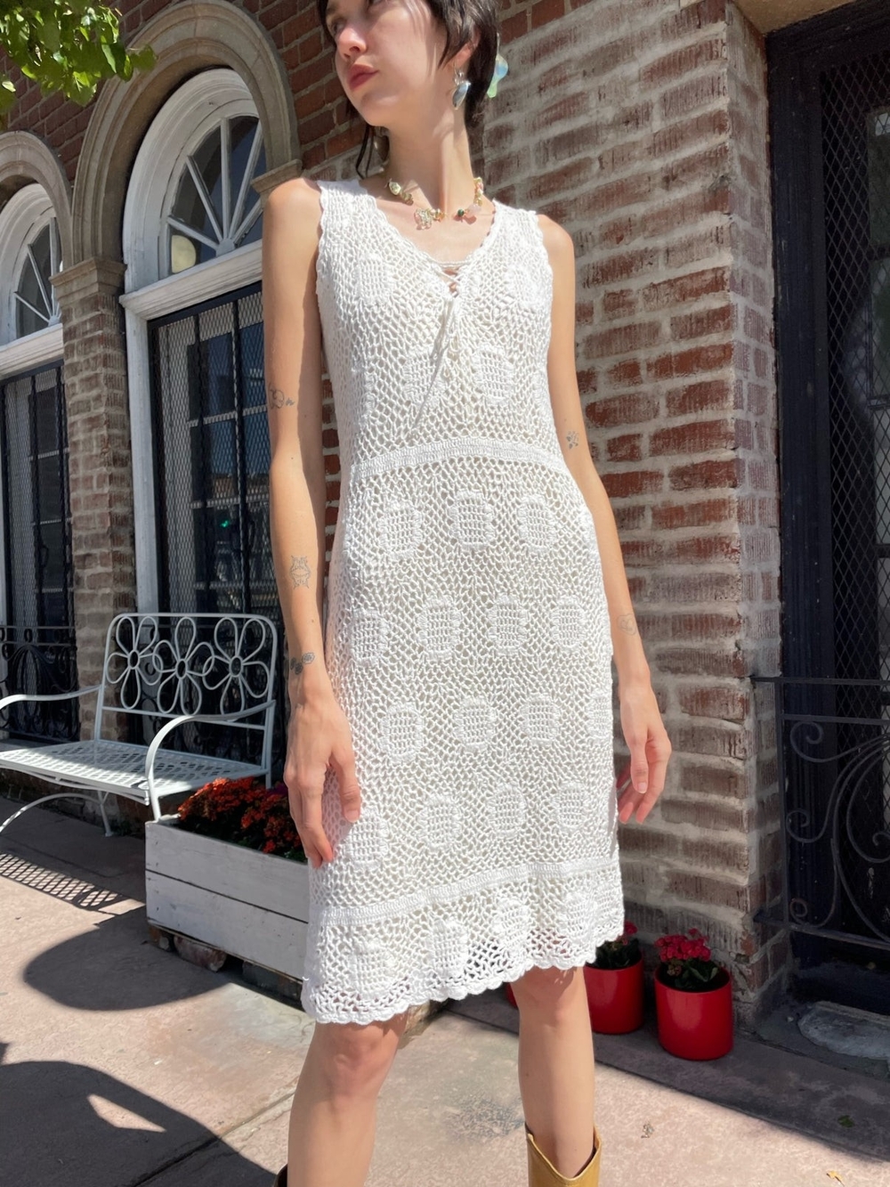 Vintage White Crochet Sleeveless Midi Dress